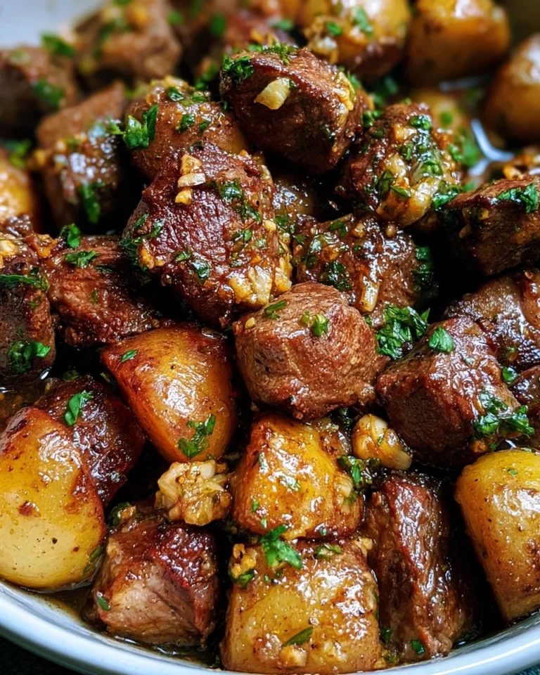 Bouchées de steak au beurre d'ail avec pommes de terre dorées