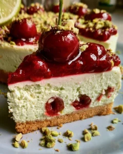 Cheesecake au citron vert, cerise et pistache sur une assiette