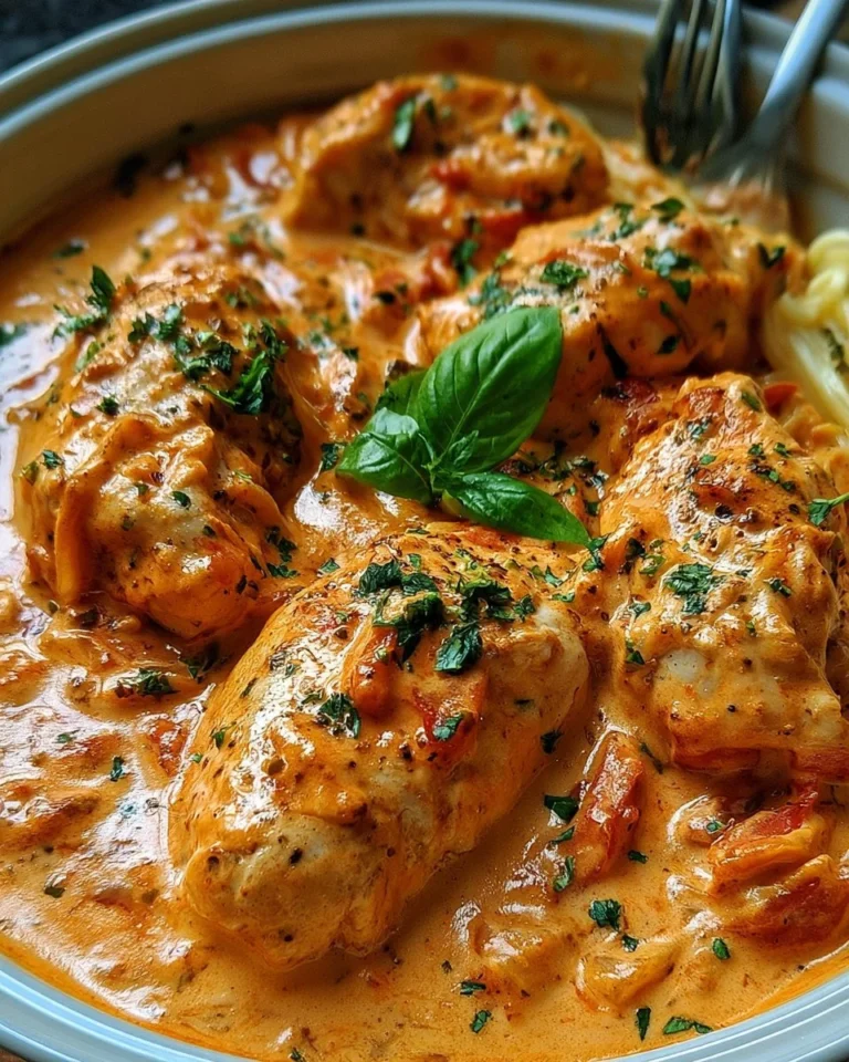 Filets de poulet avec crème de tomate, un plat savoureux et facile à préparer.