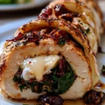 Poulet farci au brie avec canneberges et épinards, un plat savoureux.