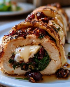Poulet farci au brie avec canneberges et épinards, un plat savoureux.