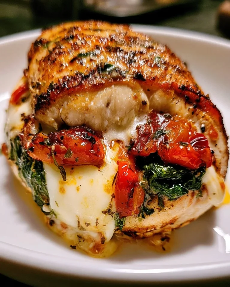 Poulet farci aux poivrons rouges, épinards et mozzarella, plat savoureux et coloré
