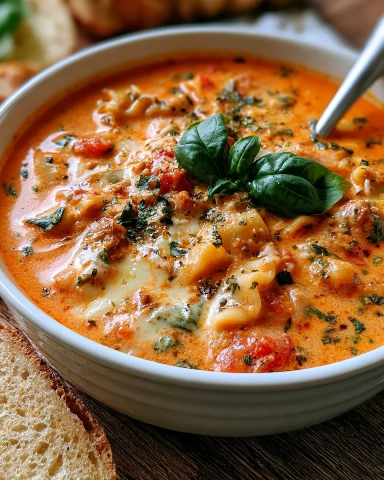 Soupe de lasagnes crémeuse dans un bol, garnie de fromage et de basilic frais
