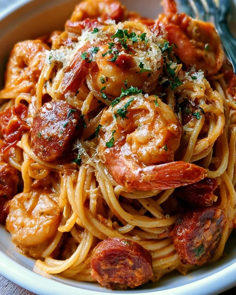 Spaghetti à la crème de poivron garnis de chorizo et crevettes
