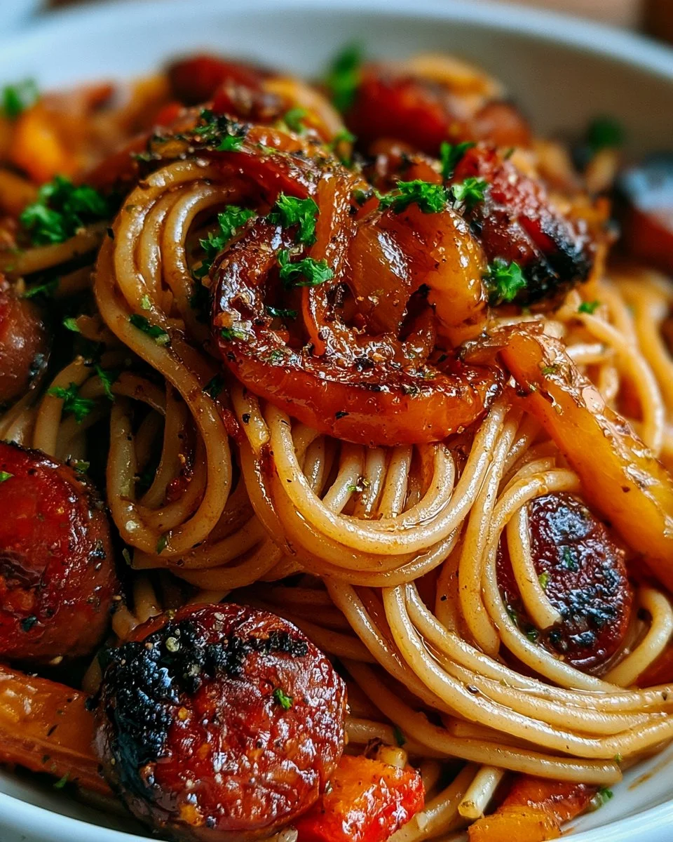 Spaghetti au chorizo grillé et poivrons