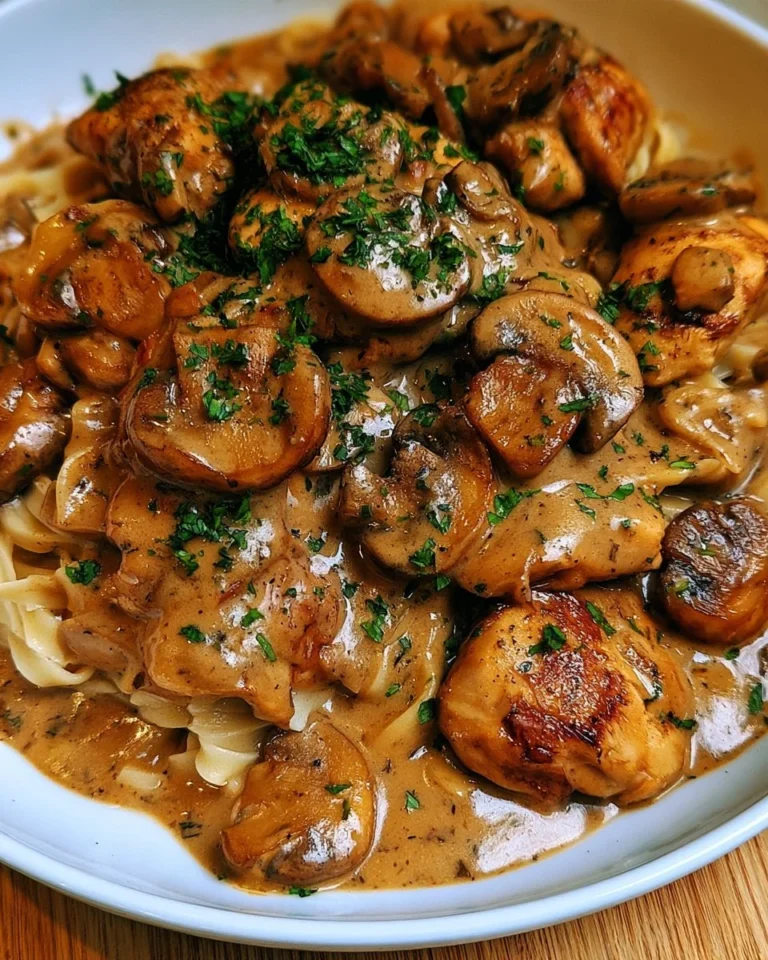 Plat de Stroganoff au poulet et champignons revisité, savoureux et réconfortant.